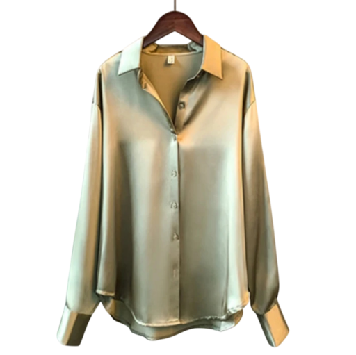 Damen Satinbluse mit langen Ärmeln Elegantes Hemd Lockere Passform Knopfverschluss Leicht glänzendes Material für Tag und Abend