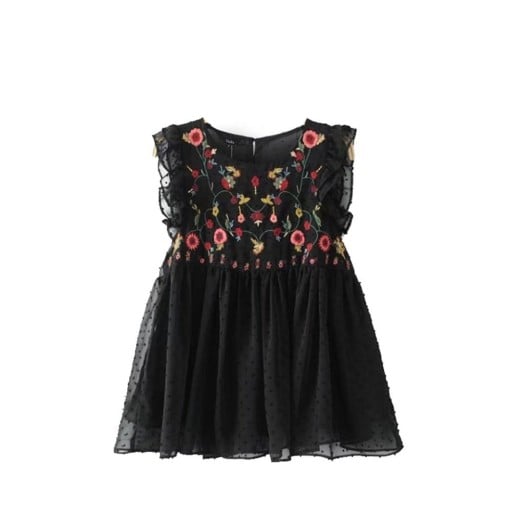 Damen schwarze ärmellose Bluse mit bunter Blumenstickerei Rüschen an den Schultern Lockere geraffte Schnitt Rundhalsausschnitt Zwei Lagen Polyester