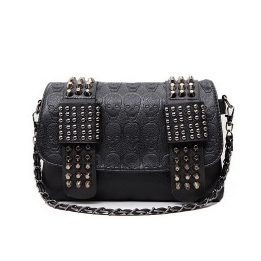 Damen schwarze Crossbody Tasche mit Reliefmuster von Schädeln Deckel mit Nieten Reißverschlusstasche Abnehmbarer Riemen PU-Leder und Polyester