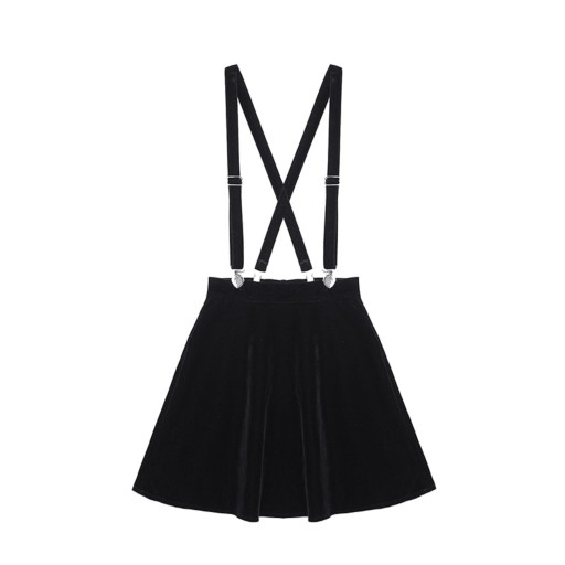 Damen schwarze Samt Minirock mit verstellbaren X-Trägern Faltender A-Linien-Rock mit breitem Bund aus Polyester und Samt