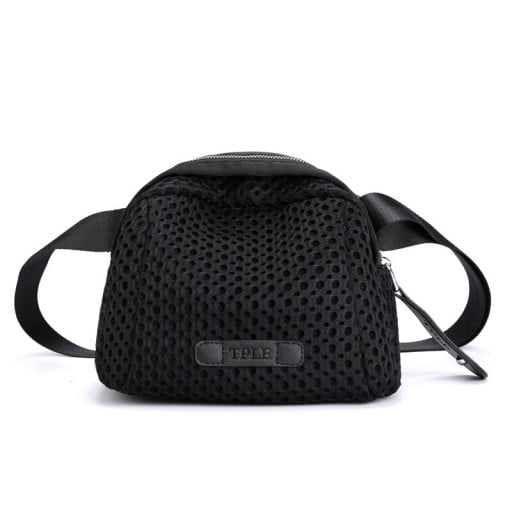 Damen schwarze Umhängetasche mit Netzoberfläche Abgerundete Form mit Reißverschluss Breiter Trageriemen Nylon mit Polyester Maße 24 x 17 x 14 cm