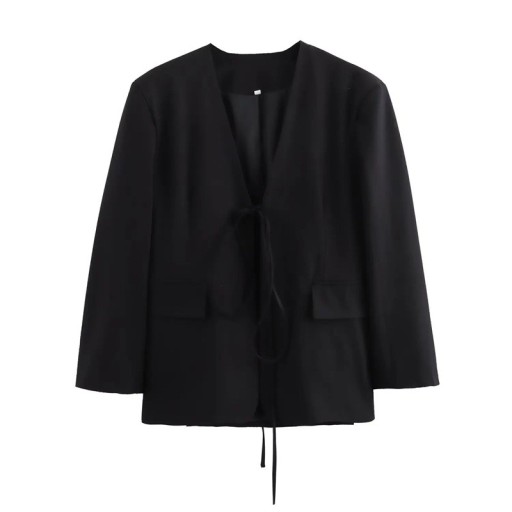 Damen schwarzes elegantes Sakko mit V-Ausschnitt und Bindeband Einfarbiges stilvolles Sakko aus Polyester für Büro und Freizeit