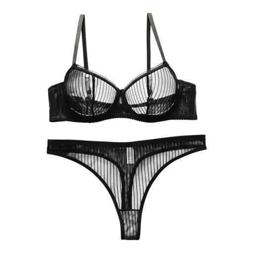 Damen-Set aus transparenter Netzware mit Streifen, Bügel-BH und ungepolsterten Cups sowie Tanga mit breitem Bund