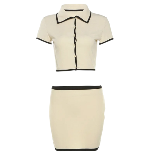 Damen Set Crop Top mit Kragen und Minirock Kurze Ärmel mit Schwarzem Saum Elastan und Polyester Beige Farbe Für den Sommer und Freizeit