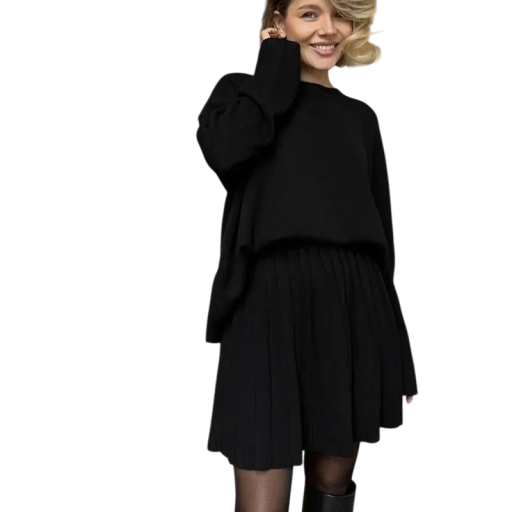 Damen Set gestrickter Pullover und Rock Oversized Schnitt mit rundem Ausschnitt Lange Ärmel Rippenstrick Faltenrock Freizeit und Alltagskleidung