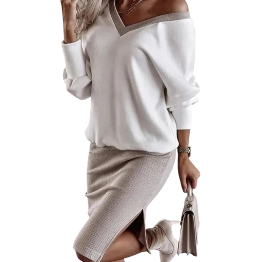 Damen Set Pullover und Bleistiftrock Weißer Pullover mit beigem Rock aus Polyester V-Ausschnitt Lange Ärmel Rippstrick Freizeit und Arbeit