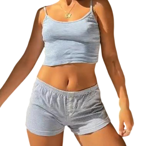 Damen Set Trägershirt Crop Schnitt und Shorts mit Knöpfen Rippstrick Blau Farbe Zum Schlafen und Bequemen Tragen Zu Hause