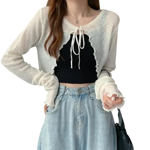 Damen Sommercardigan mit langen Ärmeln und Bindeband Einfarbiger leichter Pullover aus Polyester Elegantes luftiges Top für warme Tage