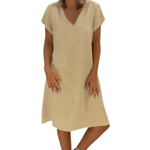 Damen Sommerkleid bis zum Knie mit V-Ausschnitt und kurzen Ärmeln Luftiger Schnitt Baumwolle und Polyester Kann auch als langes T-Shirt