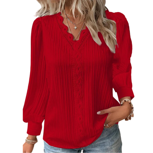Damen Spitzen-Steppbluse mit V-Ausschnitt Leichtes elegantes Langarmshirt Zarte Details Ideal für gesellschaftliche Anlässe
