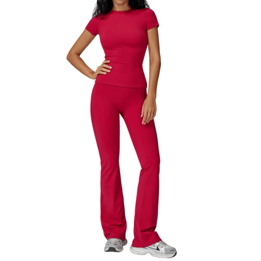 Damen Sportanzug mit Hose und T-Shirt mit kurzen Ärmeln, einfarbig, Nylon, Polyester, bequem und stylisch für Fitness