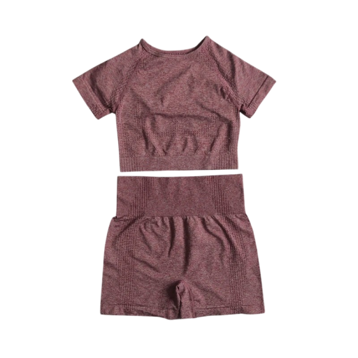 Damen Sportanzug Shorts und T-Shirt mit kurzen Ärmeln Einfarbiger Fitnessanzug aus Nylon, Polyester und Spandex