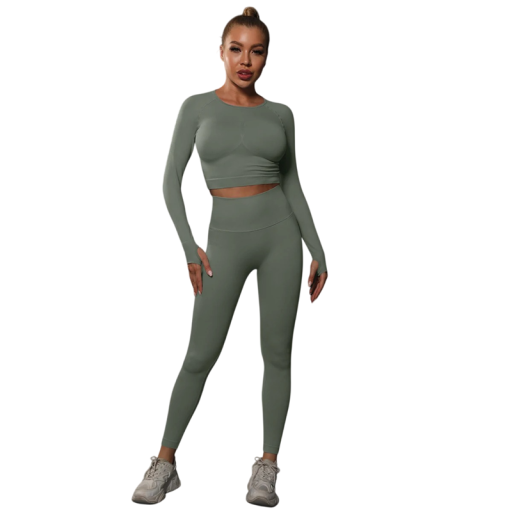 Damen Sportset Leggings und Langarmshirt Hoher Bund Nahtloser Stretchstoff Elastan und Nylon Für Fitness Yoga und Laufen