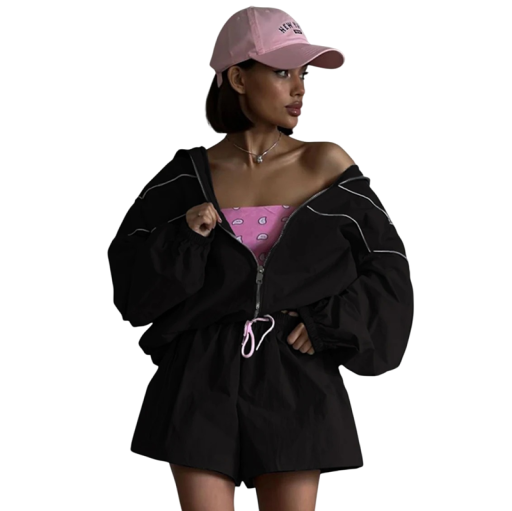 Damen Sportset Sweatshirt und Shorts Reißverschluss Hoher Kragen Zugband in der Taille Leichter Nylon Lockere Passform Für Sport und Freizeit