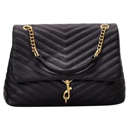Damen Stepphandtasche mit Klappe, Kettenriemen in Gold, Dekorative Karabiner, Kunstleder PU 26 x 20 x 10 cm