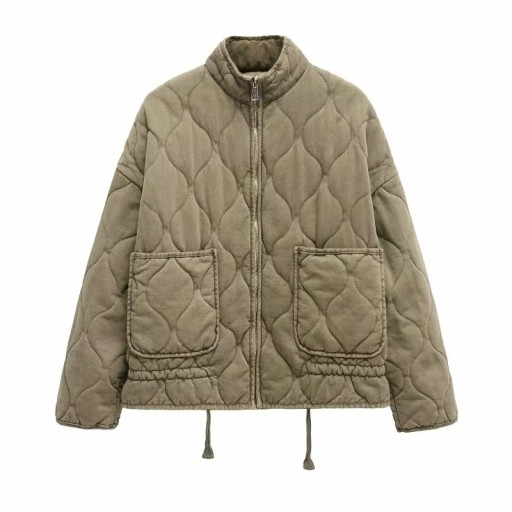 Damen Steppjacke für den Herbst mit Stehkragen Reißverschluss Außentaschen Kordelzug Warmer Mantel für den Alltag