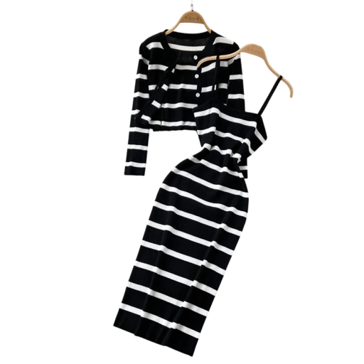 Damen Strickset kurzer offener Pullover und figurbetontes Trägerkleid gestreiftes Muster universelle Größe Polyester schwarz-weiß für den Frühling