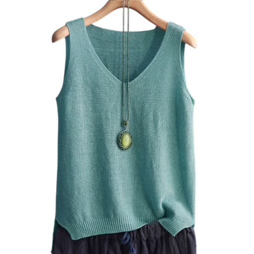 Damen Stricktop ohne Ärmel mit V-Ausschnitt Elegantes luftiges Stricktop mit lockerer Passform Sommertop für Büro und Freizeit