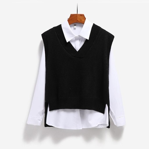 Damen Strickweste ohne Ärmel mit V-Ausschnitt Ribbelbündchen Seitenschlitze Baumwoll-Polyester-Mischung Für Bluse und Shirt