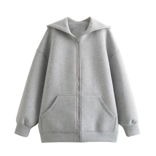 Damen Sweatshirt mit Reißverschluss und Kapuze und Taschen Bequeme graue Baumwolljacke für den Alltag Sportlicher Stil Weiches und atmungsaktives