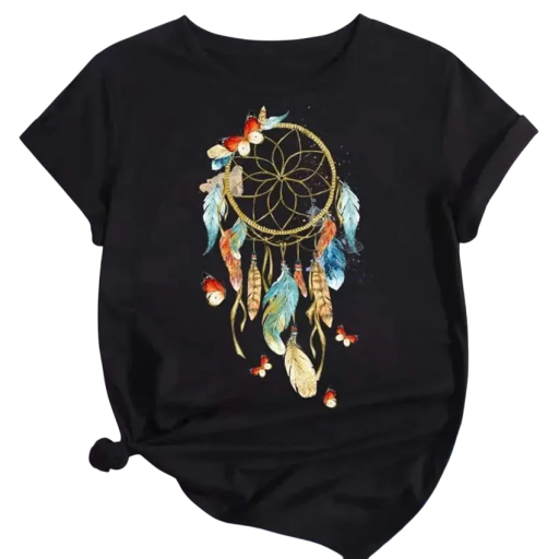 Damen T-Shirt mit Traumfänger-Print Kurze Ärmel Rundhalsausschnitt Schmetterlinge und Federn Lockere Passform Bequem für Freizeit und Alltag