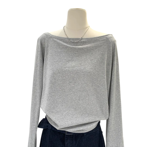 Damen T-Shirt mit U-Boot-Ausschnitt Asymmetrische lockere Passform Schlichtes minimalistisches Design Lange Ärmel Weiches angenehmes Material