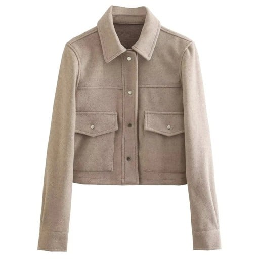 Damen Übergangsjacke mit Druckknopfverschluss Stylische Jacke in Taillenkürze mit Kragen Eleganter Mantel mit Taschen Frühlings