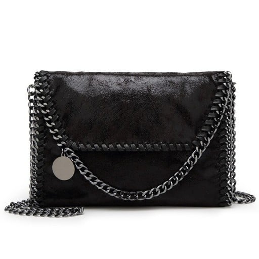 Damen Umhängetasche mit Kettenriemen Klappe mit Kettenrand Runder Metallanhänger PU-Leder und Polyester Maße 29 x 19 x 7 cm