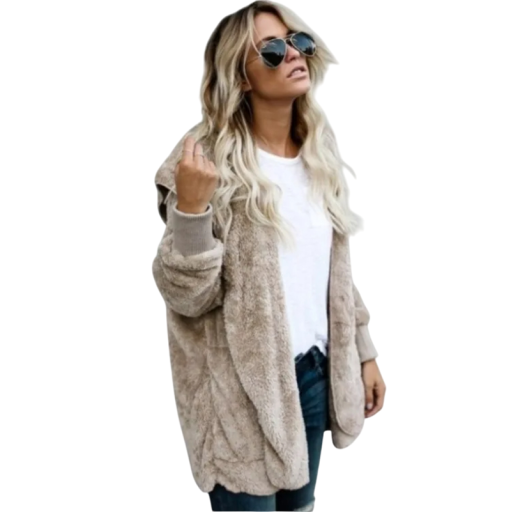 Damen warme plüschige Jacke mit Kapuze Oversize Fleece-Kardigan Herbstlicher flauschiger Überwurf mit langen Ärmeln Weicher Mantel mit Kapuze