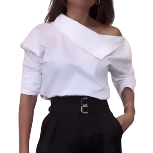 Damen weiße Bluse mit langen Ärmeln, Stehkragen und einer Reihe von Knöpfen entlang des Ärmels