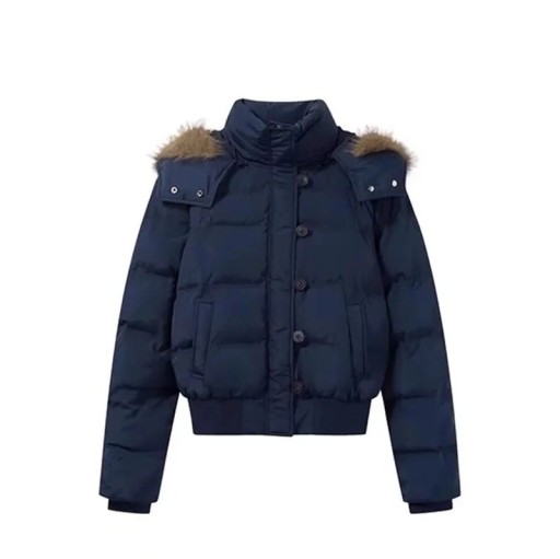 Damen Winterjacke aus Baumwolle Warme Jacke mit Kapuze und Fell Hoher Stehkragen Reißverschluss- und Knopfverschluss Praktische Taschen