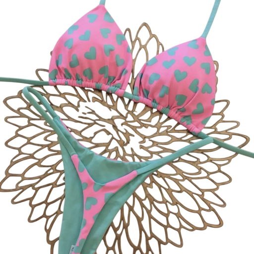 Damen Zweiteiler Bikini mit fröhlichem Muster Triangel BH Tanga Höschen Dünne Strings Bunte Sommer Bademode für Strand und Sonnenbaden