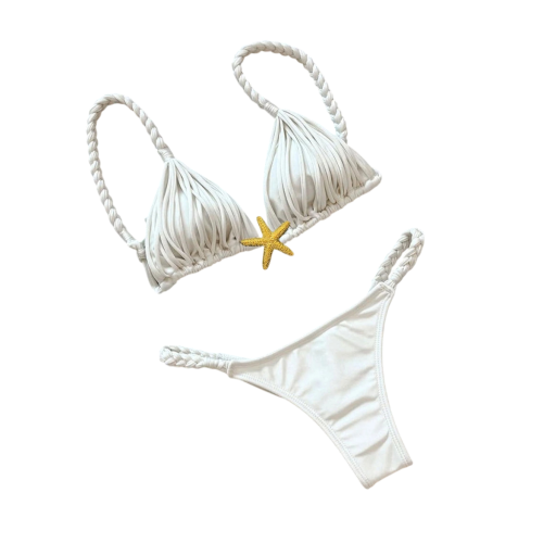 Damen Zweiteiler Bikini mit geflochtenen Trägern und Sternenmuster Triangel-Top mit Fransen und String-Höschen Idealer Badeanzug für den Sommer