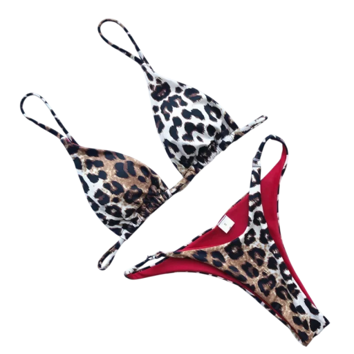 Damen Zweiteiler Bikini mit kontrastierendem Leopardenmuster Triangel-Top und String-Höschen Stylische Bademode für Strand und Urlaub