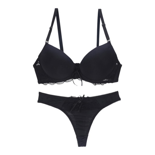 Damen Zweiteiler Set Unterwäsche BH mit glatten geformten Cups und Spitzenrand und Tanga mit Spitze und Schleife