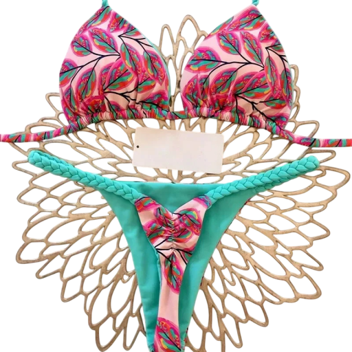 Damen Zweiteiliger Bikini mit Muster Triangel BH Tanga G-String Höschen Strickspitze Sexy Bademode für Sommer und Sonnenbaden