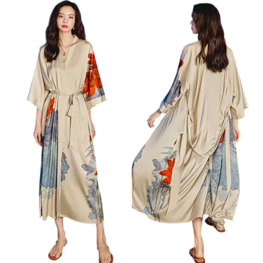 Damenbademantel universelle Größe Beige mit Blumenmuster Bindung um die Taille Leichter Bademantel aus Kunstseide und Polyester Eleganter