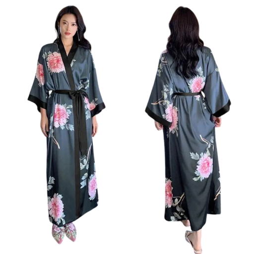 Damenbademantel universelle Größe Dunkelblaue Farbe Mit Blumenmuster Leichter eleganter Bademantel aus Kunstseide Mit Bindeband in der Taille Polyester