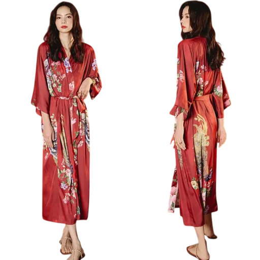 Damenbademantel universelle Größe Rote Farbe Mit Blumenmuster Mit Bindeband in der Taille Leichter eleganter Bademantel aus Kunstseide und Polyester