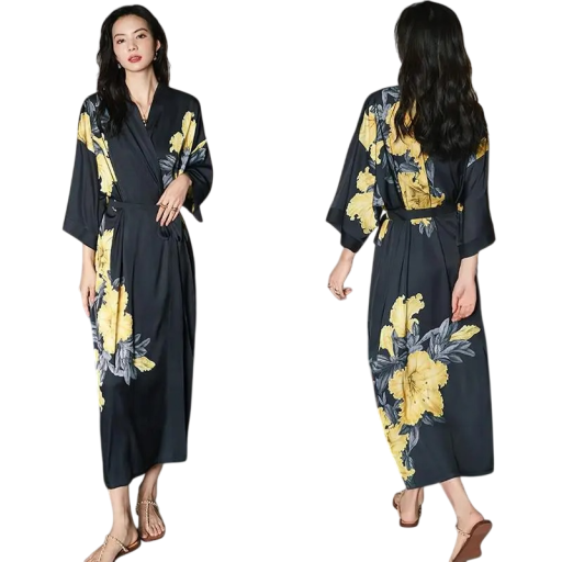 Damenbademantel universelle Größe Schwarze Farbe Mit Blumenmuster Taillierung Leichter Bademantel aus Kunstseide und Polyester Eleganter