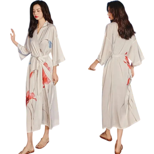 Damenbademantel universelle Größe Weiße Farbe Mit Blumenmotiv Bindeband in der Taille Leichter Bademantel aus Kunstseide und Polyester Eleganter