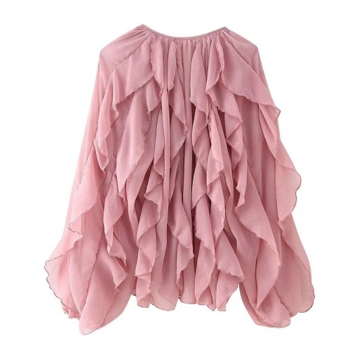 Damenbluse mit Rüschen und langen Ärmeln Elegante Chiffonbluse V-Ausschnitt Luftiges Material Gesellschafts- und Freizeitstil