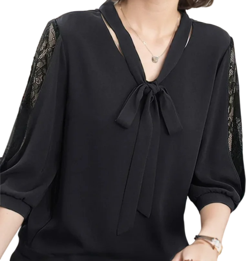 Damenbluse mit Spitzenärmeln Dreiviertelarm Rundhalsausschnitt Schleife im Dekolleté Einfarbige elegante Bluse aus Polyester