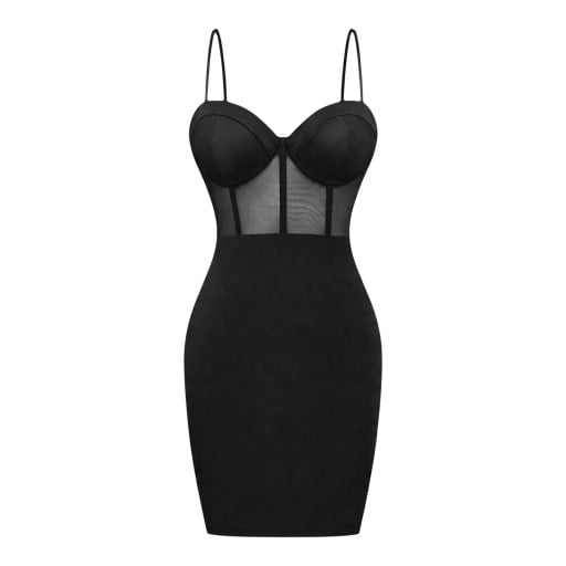 Damenfigurbetonte Mini-Kleid mit dünnen Trägern, Korsett-Oberteil und Cups sowie transparenter Netzware in der Taille in Schwarz für Partys