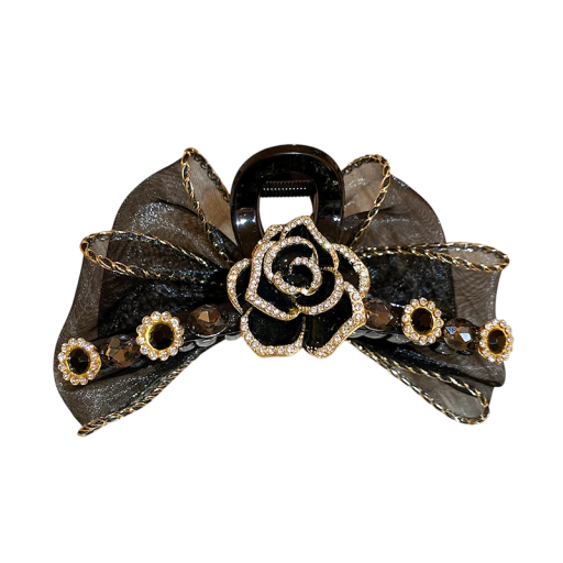 Damenhaarschmuck Luxusvolle Schleife mit Rose und Strass Elegantische Stoffhaarschnalle festlicher Haarschmuck für Dutt und Frisur