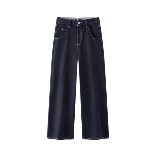 Damenjeans im geraden Schnitt mit hohem Bund und weiteren Beinen mit Gürtelschlaufen, kontrastierenden Nähten und ausgewaschenem Effekt