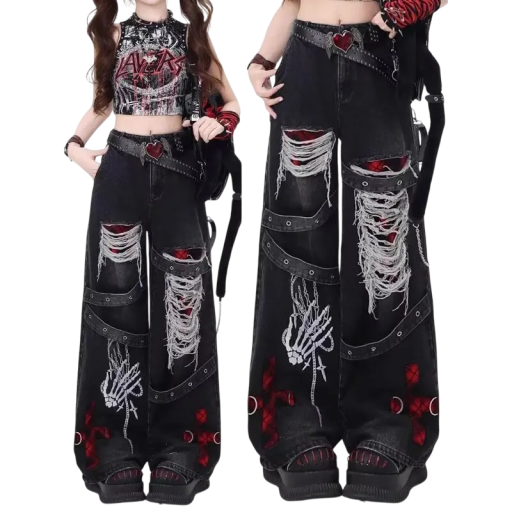 Damenjeans schwarz Einfarbig Zerrissen Roter Druck Lockere Passform Taschen Baumwolle Polyester Trendige Street-Hosen