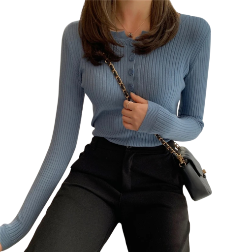 Damenkardigan aus Baumwolle und Polyester mit halbem Knopfverschluss Einfarbiger Pullover mit Rundhalsausschnitt Lange Ärmel Universelle Größe