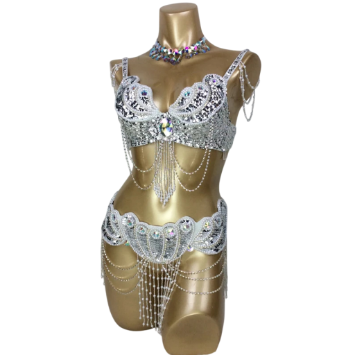 Damenkostüm für Bauchtanz mit Steinen, Perlen und Fransen, BH, Gürtel und Halskette für Tanzaufführungen und Karneval