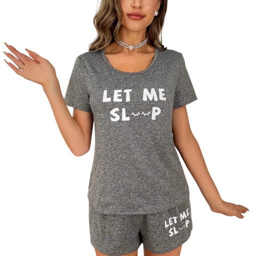 Damenpyjama in grauer Farbe mit dem Aufdruck Let Me Sleep T-Shirt mit kurzen Ärmeln und Shorts aus Polyester und Spandex Bequeme Freizeitkleidung